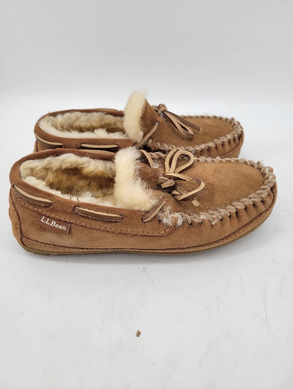 L.L. Bean Chestnut Suede Shearling Moccasin Slippers Size 5